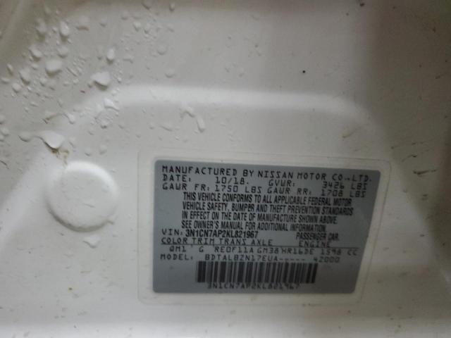 3N1CN7AP2KL821967 - 2019 NISSAN VERSA S WHITE photo 12