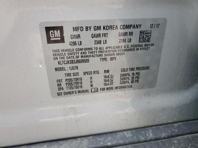 KL7CJKSB3JB609509 - 2018 CHEVROLET TRAX LS SILVER photo 12