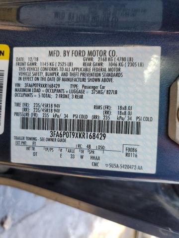 3FA6P0T9XKR168429 - 2019 FORD FUSION SE BLUE photo 12