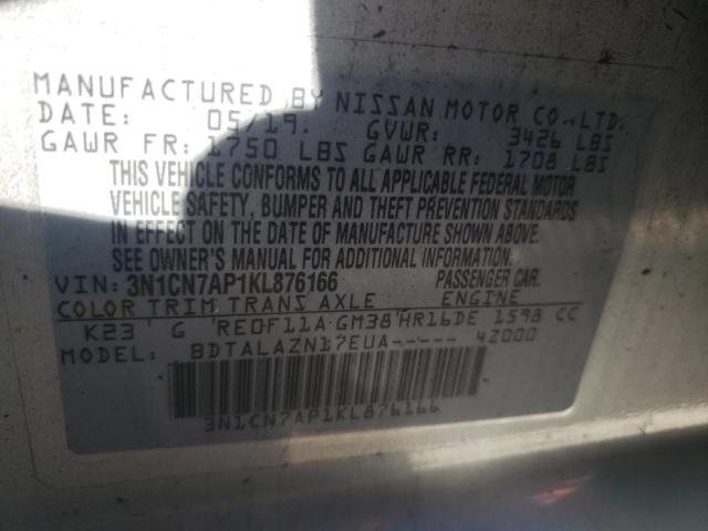 3N1CN7AP1KL876166 - 2019 NISSAN VERSA S SILVER photo 12