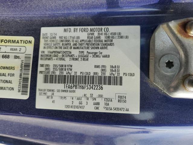 1FA6P8TH6F5342236 - 2015 FORD MUSTANG BLUE photo 12