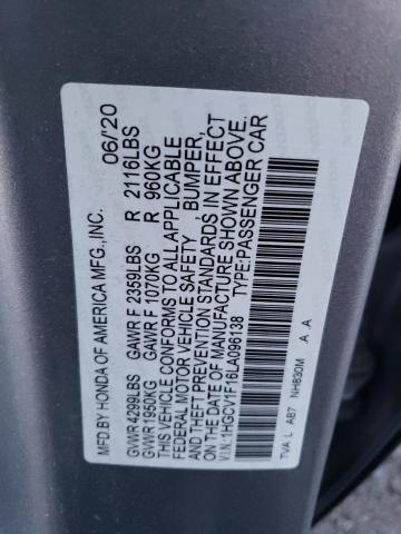 1HGCV1F16LA096138 - 2020 HONDA ACCORD LX SILVER photo 12