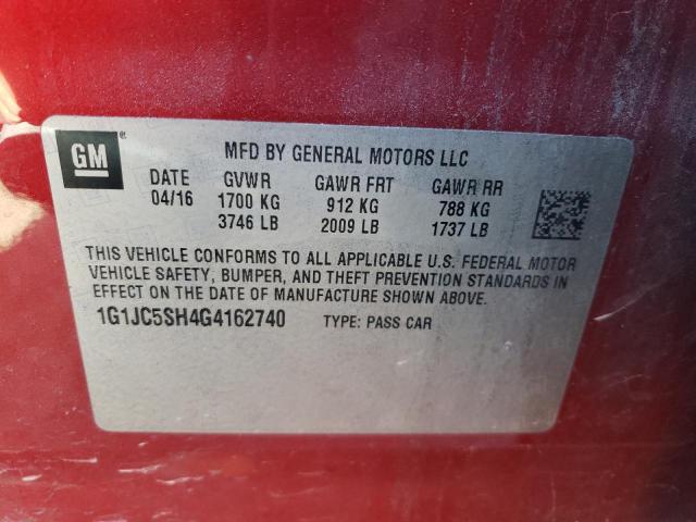 1G1JC5SH4G4162740 - 2016 CHEVROLET SONIC LT RED photo 12