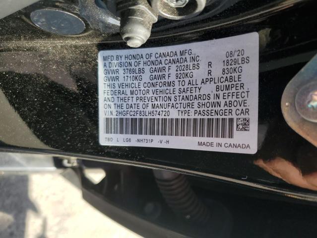 2HGFC2F83LH574720 - 2020 HONDA CIVIC SPORT შავი ფოტო 12