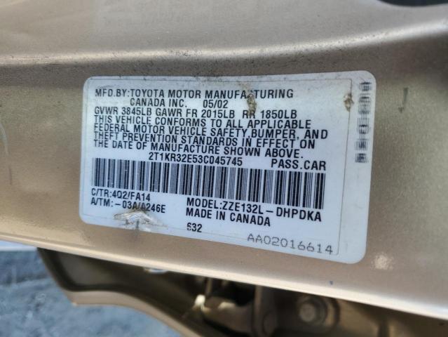 2T1KR32E53C045745 - 2003 TOYOTA COROLLA MA XR TAN photo 12