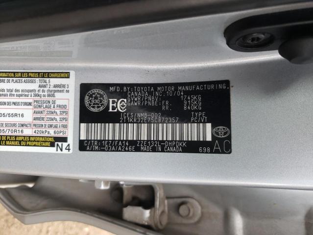 2T1KR32E75C872357 - 2005 TOYOTA COROLLA MA XR SILVER photo 12