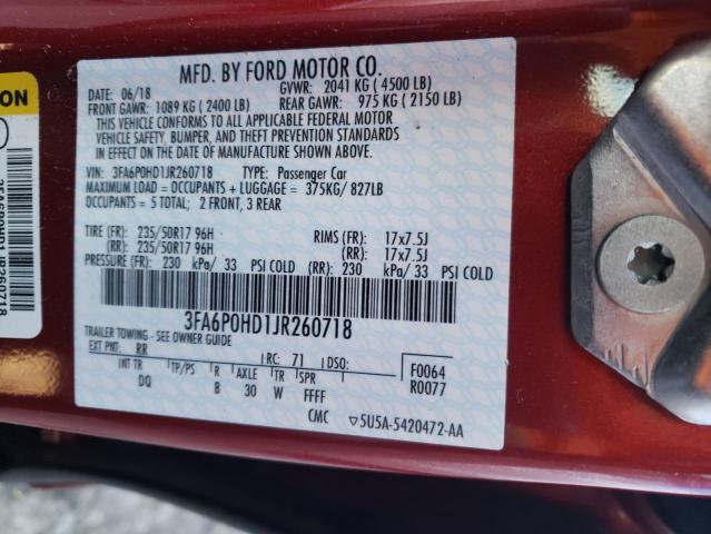 3FA6P0HD1JR260718 - 2018 FORD FUSION SE RED photo 13