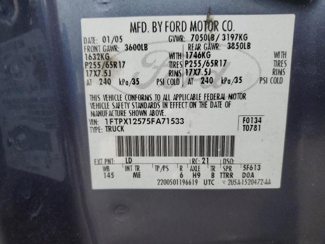 1FTPX12575FA71533 - 2005 FORD F150 BLUE photo 12