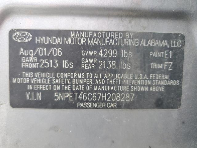 5NPET46C67H208287 - 2007 HYUNDAI SONATA GLS GRAY photo 12