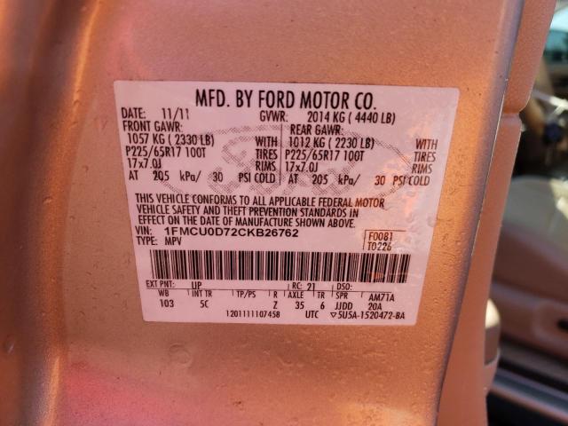 1FMCU0D72CKB26762 - 2012 FORD ESCAPE XLT BEIGE photo 12