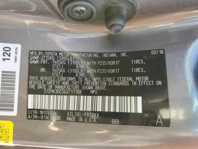 5TDYK3DC5GS711168 - 2016 TOYOTA SIENNA XLE GRAY photo 13