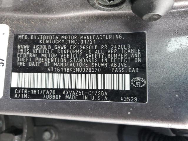 4T1G11BK3MU028370 - 2021 TOYOTA CAMRY SE GRAY photo 12