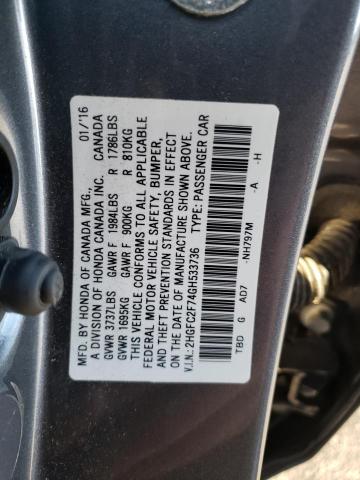 2HGFC2F74GH533736 - 2016 HONDA CIVIC EX GRAY photo 12