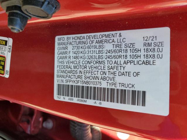 5FPYK3F15NB010375 - 2022 HONDA RIDGELINE SPORT RED photo 12