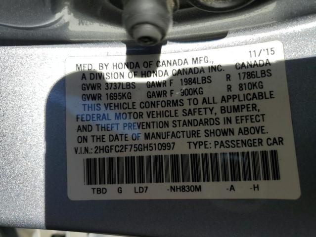 2HGFC2F75GH510997 - 2016 HONDA CIVIC EX SILVER photo 12