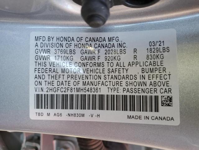 2HGFC2F81MH548361 - 2021 HONDA CIVIC SPORT Gümüş foto 12