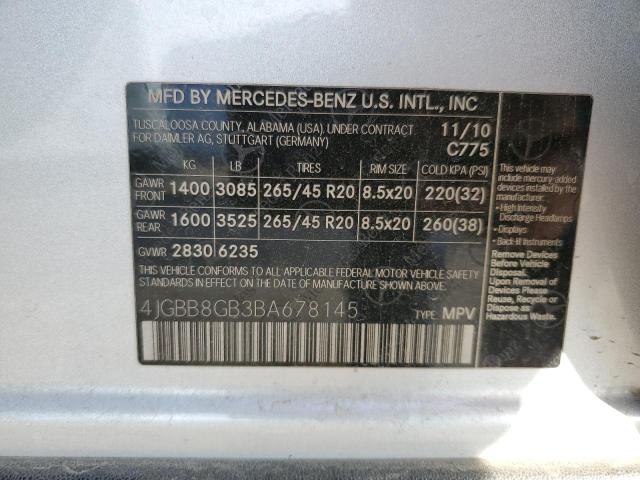 4JGBB8GB3BA678145 - 2011 MERCEDES-BENZ ML 350 4MATIC GRAY photo 13