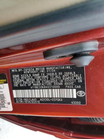4T1BE32K84U310689 - 2004 TOYOTA CAMRY LE RED photo 13