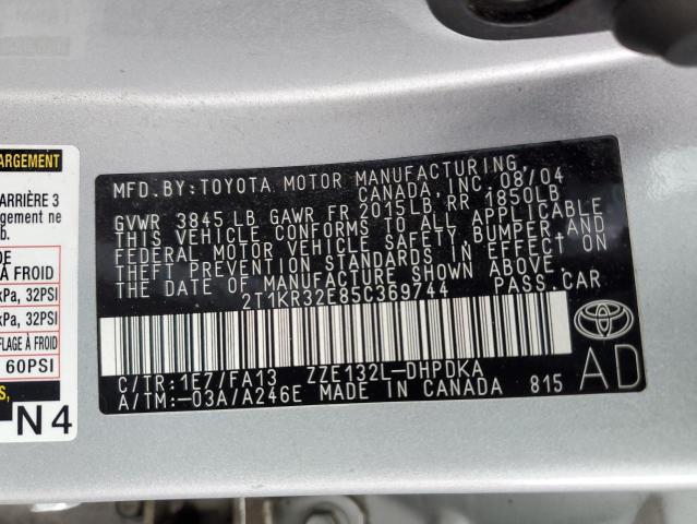 2T1KR32E85C369744 - 2005 TOYOTA COROLLA MA XR SILVER photo 12