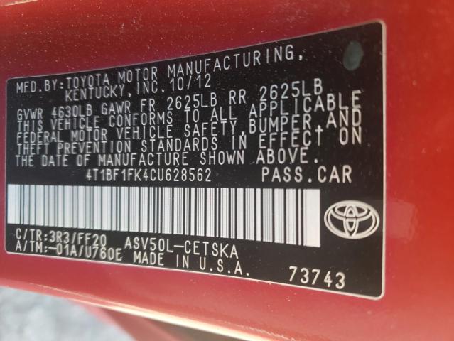 4T1BF1FK4CU628562 - 2012 TOYOTA CAMRY BASE RED photo 12