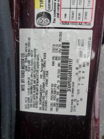 3FAHP0JG6BR309197 - 2011 FORD FUSION SEL PURPLE photo 12