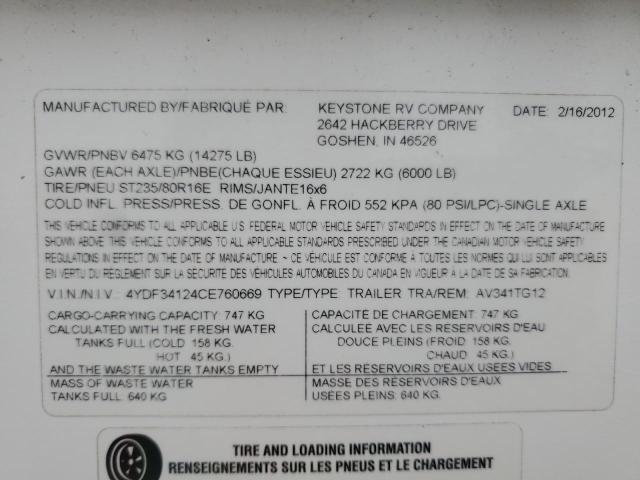 4YDF34124CE760669 - 2012 KEYSTONE AVALANCHE WHITE photo 10