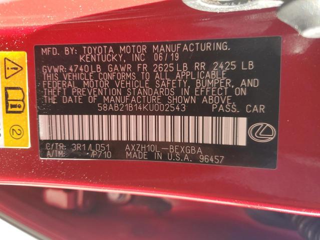 58AB21B14KU002543 - 2019 LEXUS ES 300H RED photo 12