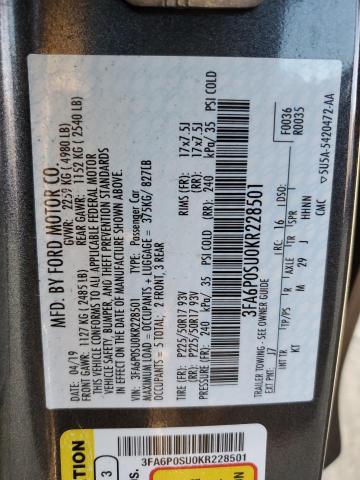 3FA6P0SU0KR228501 - 2019 FORD FUSION TITANIUM GRAY photo 12