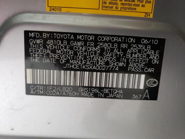 JTHCE1KSXA0027774 - 2010 LEXUS GS 350 SILVER photo 12