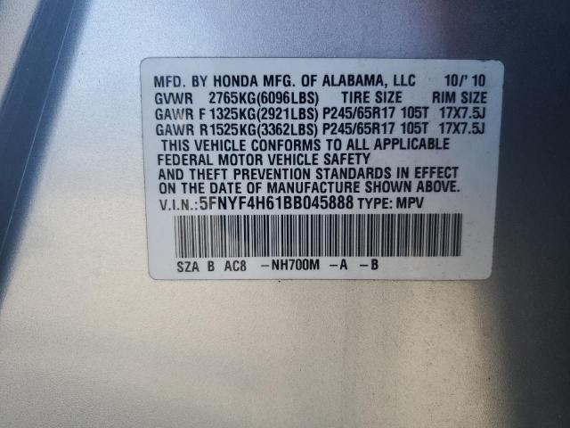 5FNYF4H61BB045888 - 2011 HONDA PILOT EXL SILVER photo 13