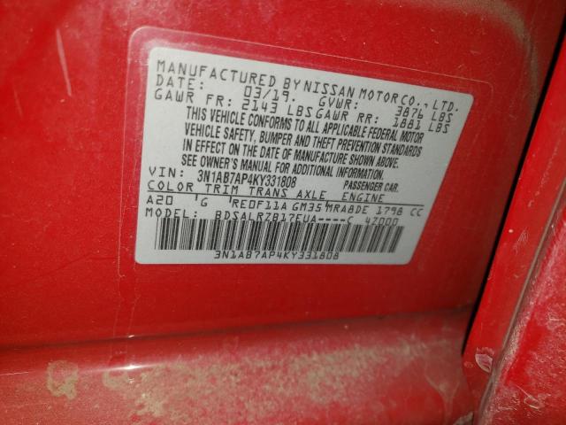 3N1AB7AP4KY331808 - 2019 NISSAN SENTRA S RED photo 13