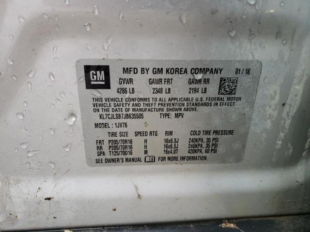 KL7CJLSB7JB635505 - 2018 CHEVROLET TRAX 1LT Silber Foto 13