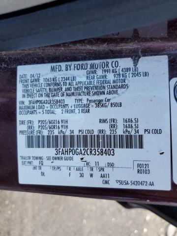 3FAHP0GA2CR358403 - 2012 FORD FUSION S MAROON photo 12