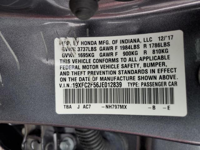 19XFC2F56JE012839 - 2018 HONDA CIVIC LX GRAY photo 12