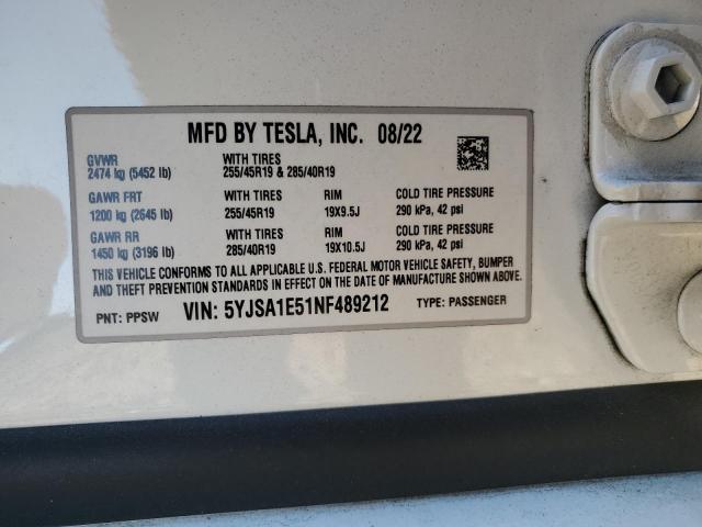5YJSA1E51NF489212 - 2022 TESLA MODEL S WHITE photo 13