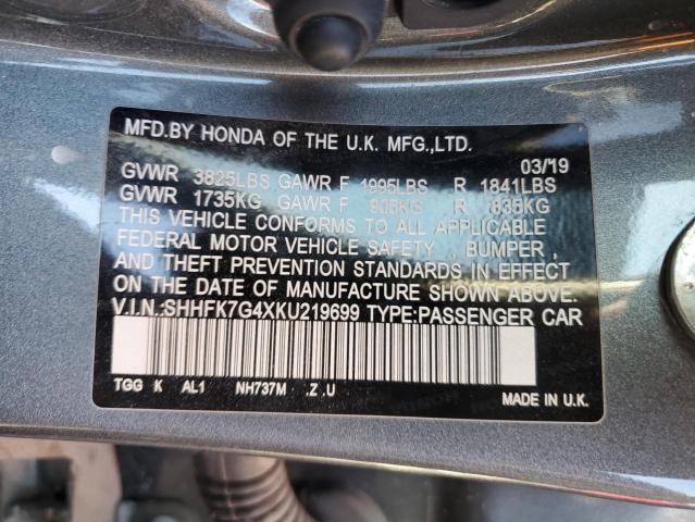 SHHFK7G4XKU219699 - 2019 HONDA CIVIC SPORT გრაფიტი ფოტო 12