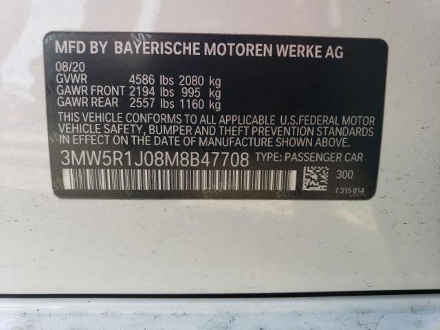 3MW5R1J08M8B47708 - 2021 BMW 330I WHITE photo 12