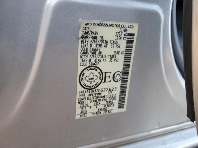 5N1AR18W37C622623 - 2007 NISSAN PATHFINDER LE ვერცხლისფერი ფოტო 14