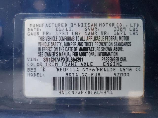 3N1CN7APXDL864391 - 2013 NISSAN VERSA S BLUE photo 12