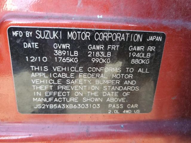 JS2YB5A3XB6303103 - 2011 SUZUKI SX4 ORANGE photo 12