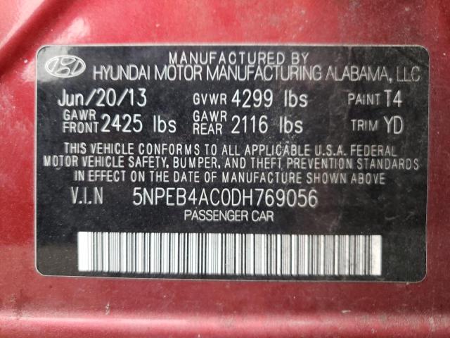 5NPEB4AC0DH769056 - 2013 HYUNDAI SONATA GLS BURGUNDY photo 12