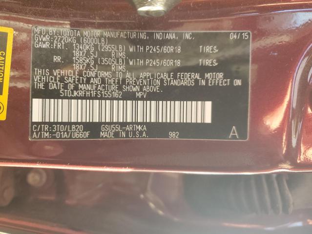 5TDJKRFH1FS155162 - 2015 TOYOTA HIGHLANDER XLE Qırmızı foto 13