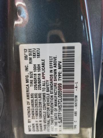 5J6TF1H57CL005999 - 2012 HONDA CROSSTOUR EXL SILVER photo 12