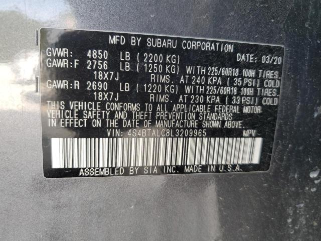 4S4BTALC8L3209965 - 2020 SUBARU OUTBACK LIMITED GRAY photo 12