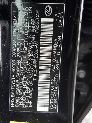 JTHKD5BH5B2006993 - 2011 LEXUS CT 200 BLACK photo 12