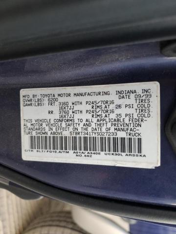 5TBRT3417YS027233 - 2000 TOYOTA TUNDRA ACCESS CAB ლურჯი ფოტო 12