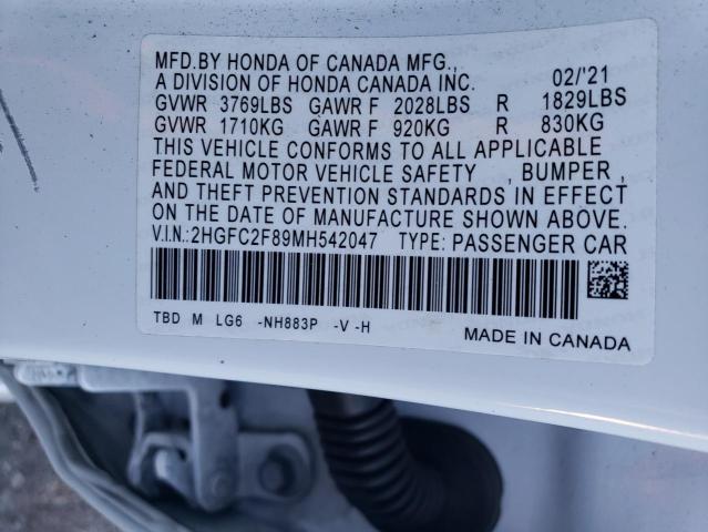 2HGFC2F89MH542047 - 2021 HONDA CIVIC SPORT 白色 照片 12