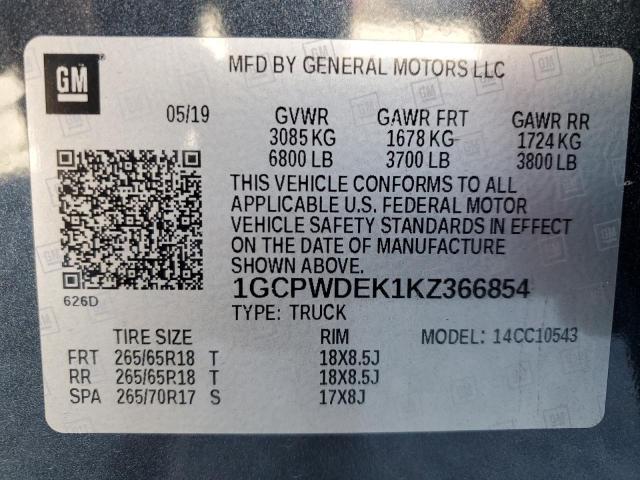 1GCPWDEK1KZ366854 - 2019 CHEVROLET SILVERADO C1500 RST GRAY photo 12