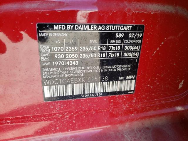 WDCTG4EBXKJ615138 - 2019 MERCEDES-BENZ GLA 250 Rojo foto 12