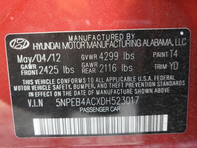 5NPEB4ACXDH523017 - 2013 HYUNDAI SONATA GLS RED photo 13